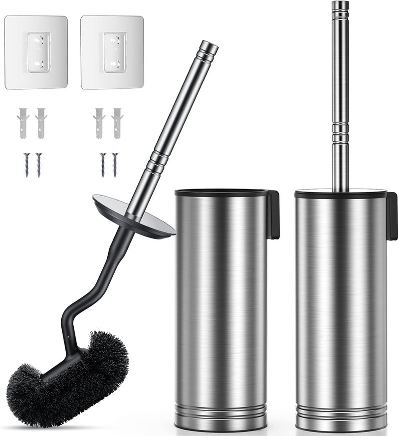 HAMITOR Toilet Brush and Holder Set: 304 Stainless Steel Rustproof Toilet Scrubber with Under Rim Deep Cleaning Curved Bristle - Bathroom Cleaner Brush for Renters Homeowners Family Silver 2 Pack - Image 1